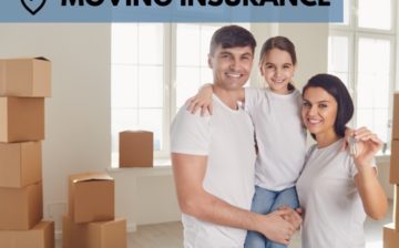 a married couple look happy with their daughter with packed boxes around
