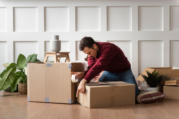 a man packs a moving box