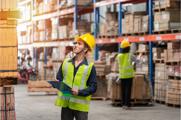men working with pallet racking in a warehouse