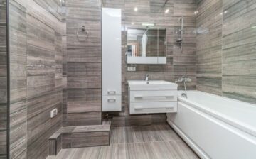 bathroom decorated with wooden tiles