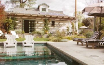 bbackyard amenities such pool and launge chairs