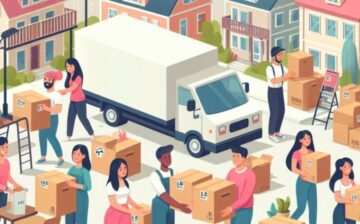 drawing of people with moving boxes