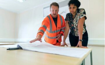 man and woman coming architectural plan
