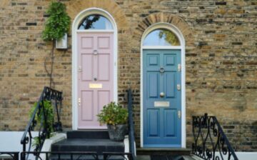 wooden doors painted pink and sky