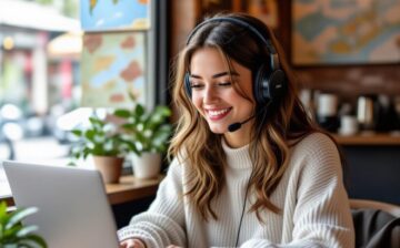 a woman works with her laptop
